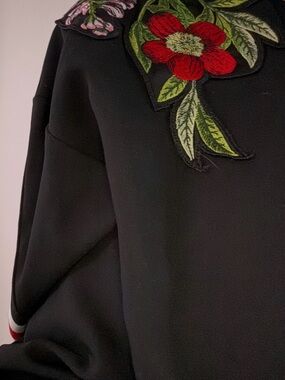 Black Pullover with Red Floral Patch Detail